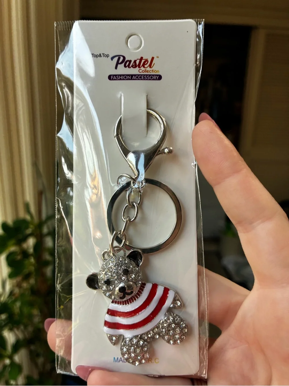 Pastel Collection Rhinestone Teddy Bear Keychain NIP Bag Charm Stripped Sweater